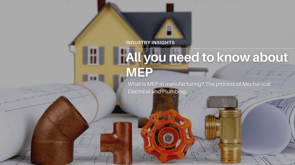 Two story house with MEP (Mechanical Electrical Plumbing) charts and plumbing parts in front of it