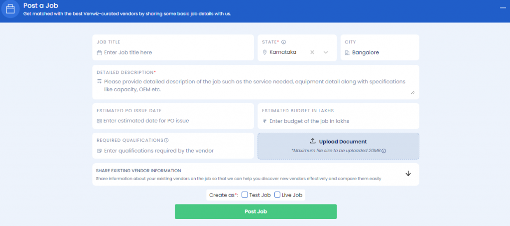 post a job on venwiz = Optimize capex procurement